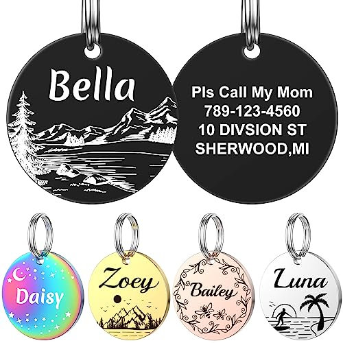 YEHANTI Hundemarke mit Gravur, Dog Tag Personalisiert mit Name, Telefonnummer und Verschiedene Muster Graviert für Hunde Katzen, Rund Edelstahl Adressanhänger Marke für Hundehalsband (Groß, Schwarz)
