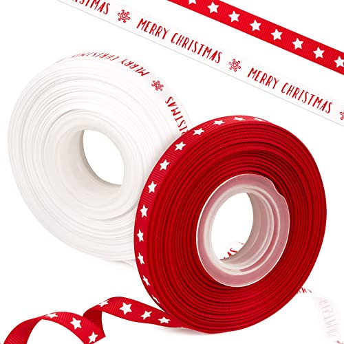 2rollos Cintas Navidad de Embalaje Regalo Cintas Navideñas para Árbol de Navidad Decoración Rojo y Blanco