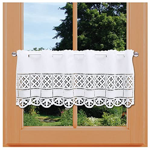 Scheibengardine Petrissa Vogtländische Spitze | Landhaus-Scheibenhänger mit Bohrarbeit in weiß | Kurzgardine im modernen Shabby Chic | zeitloses Panneaux aus Baumwoll-Linon Höhe x Breite 30 x 82 cm