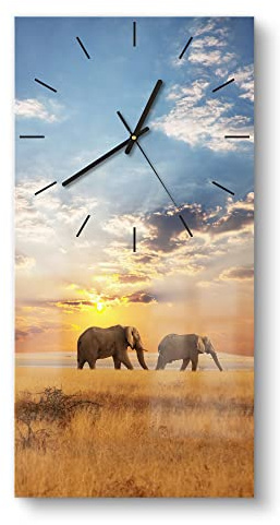 DEQORI Glasuhr | horizontal 30x60 cm | Motiv Elefanten in der Steppe | große XXL Design Uhr aus Glas | leise Wanduhr für Wohnzimmer & Küche | moderne Hingucker Uhr für die Wand