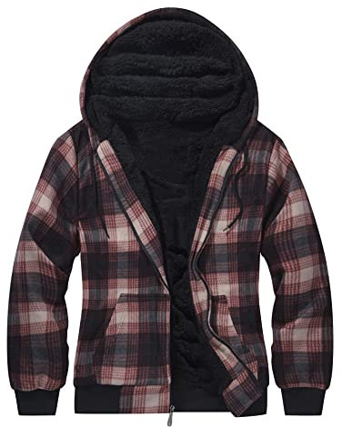 geeksport Fleecejacke Herren Sweatjacke Männer mit Kapuze Warme Kapuzenjacke Gefüttert Winterjacke Kariertes Hoodie mit ReißVerschluss, 0569-Braun L