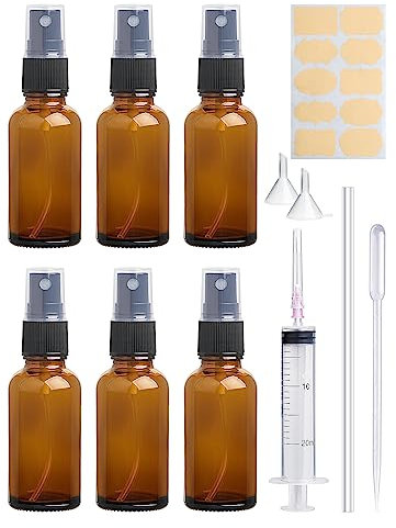 Realure 6 Pcs Empty Small Glass Spray Bottle 50ml Amber Glass Spray Bottle Fine Mist Mini Glass Spray Bottles for Essential Oils Perfume Cosmetic Personal Care Liquid Home Travel (with Pipette, Label)