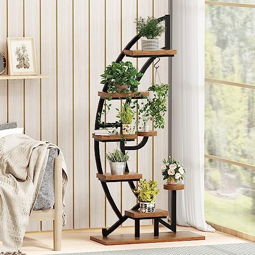 Stuffygreenus Support à 6 niveaux en métal pour plantes d'intérieur avec suspension, étagère incurvée en demi-lune pour pot de fleurs, étagère pour salon, balcon et chambre à coucher