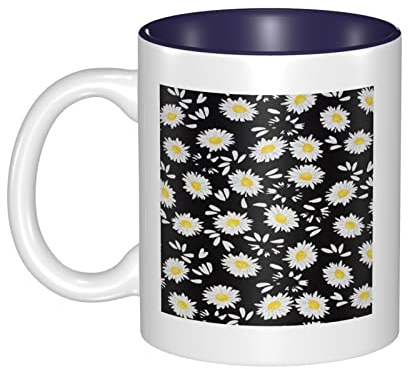 YUNKOU White Daisy Coffee Mugs 11 oz Ceramic Tea Mug Microwavable Insulated Coffee Cups with Handle Beverage Glasses Heat Resistant