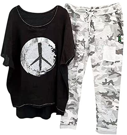 Briskorry Freizeitanzug Damen Zweiteiler Trainingsanzug 3/4 Arm Shirt Camouflage Lange Hosen Trendy Sommer Loungewear Große Größen Hausanzug Streetwear Anzüge Tracksuit