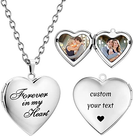 PHOCKSIN Forever In My Heart Custom Locket Necklaces Personalised Photo Heart Necklace with Picture Inside Engraved Any Text & Symbols