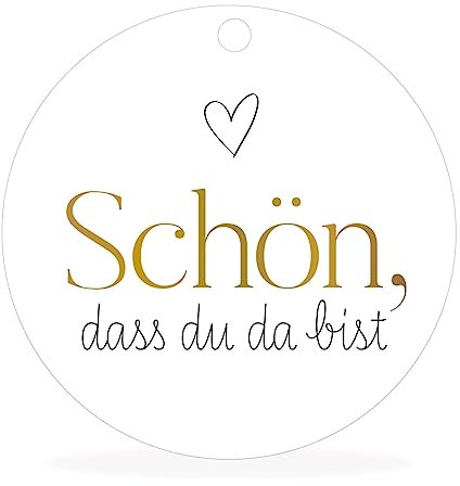 white&ivory, 50 runde Anhänger, Hangtags schön, dass du da bist | stilvolles Design: herz gold | 5cm Durchmesser | Gastgeschenke für Hochzeit Taufe Geburtstag