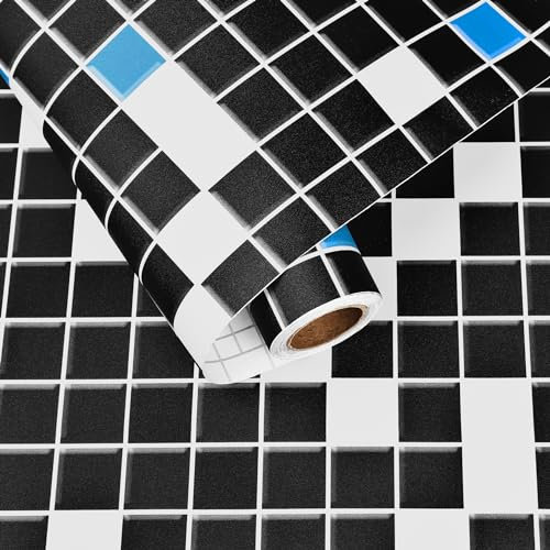 HotDecor Tapete Schwarz Selbstklebend Vintage Mosaikmuster Klebefolie Fliesenfolie Bad Wasserfest Wand Tapeten Folie Abwaschbare Küchentapeten Dekorfolie 60cm X 300cm