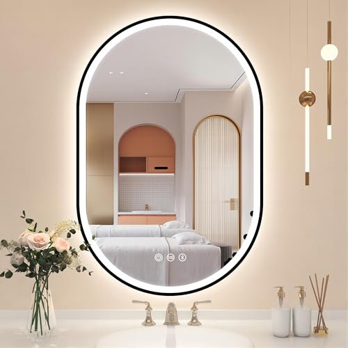 STARLEAD Schwarz Oval-LED-Badspiegel-mit-Beleuchtung 90x60cm, Bluetooth, Dimmbar, 3 Lichtfarben, Entfogging, Speicherfunktion, HD Hartglas, IP44, Horizontal/Vertikal, Nicht-Metallischer Rahmen