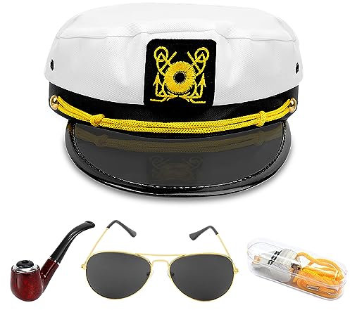 Boyigog Kapitänsmütze Zubehör-4Pcs für Erwachsene, Verstellbare Marine Mütze Set für Frauen Männer, Matrosenhut Marine Hut Kapitän Accessoires für Karneval Thema Party Cosplay tägliche Anwendung