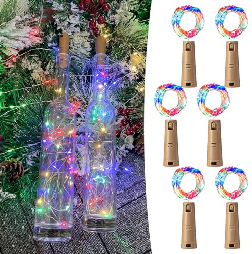 LEECOCO Led flaschenlicht, 2m 20led 6 Stück Verdoppeln Sie die Beleuchtungszeit, Flaschenlichterkette korken,für Weihnachten,Party, Hochzeit (6 Stück, Mehrfarbig (Dual-Batterien)