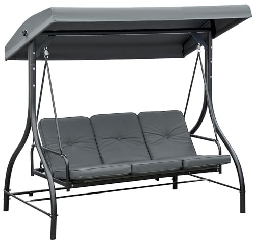 Outsunny Balancelle de Jardin 3 Places Convertible Inclinaison Toit réglable Matelas Grand Confort Rembourrage 7 cm fourni Gris métal époxy Noir