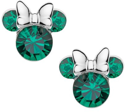 Ohrstecker Minnie-Maus mit Geburtsstein, Disney für Mädchen, Silber, Disney-Schmuck, verziert mit Zirkonia, Grün