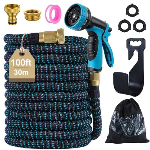 Expandable Garden Hose 100ft/30m, Flexible Expandable Hose Pipe with 10 Function Spray Nozzle, 3/4, 1/2 Solid Brass Connectors and 3-Layer Latex Core for Cleaning and Gardening Irrigation