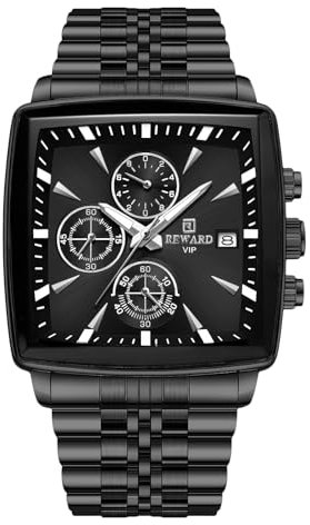rorios Herren Quadratische Uhren Analog Quarz Armbanduhr Multifunktional Business Uhr Einfach Leuchtend Herrenuhr mit Edelstahl Armband Schwarz B