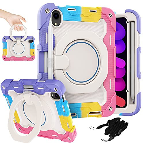 ROISKIN iPad Mini 6/7 Case 8.3 Inch 2021/2024 - Shockproof Kids Cover With Pencil Holder, Rotating Stand & Shoulder Strap for 6th/7th Generation (Pink)