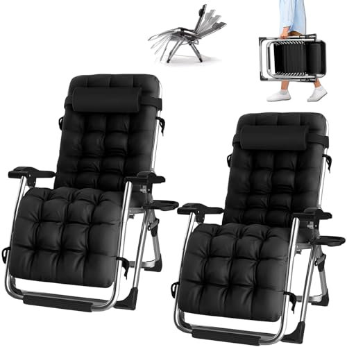 PMFRUG Tumbonas Plegable- Silla Reclinable Ajustable,Pack de 2 para Jardín, Piscina y Playa,Camping, Salón, Terraza, Exterior, Oficina, Interior Soporta hasta 200 kg (Negro + cojín)