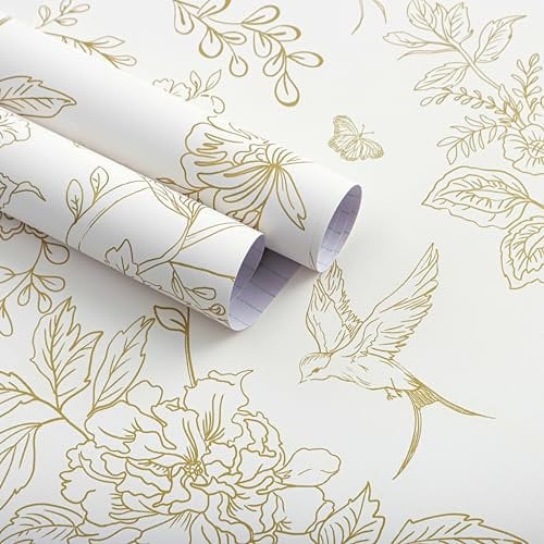 Froluya Cream White and Gold Floral Wallpaper Peel and Stick Wallpaper 17.7x118.1 Vintage Floral Removable Self Adhesive Wall Paper for Bedroom Boho Contact Paper Peel and Stick Decorative Cabinets