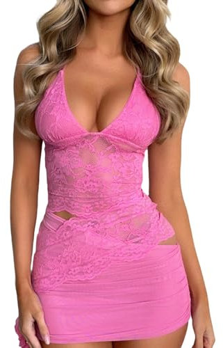 2 Pezzi Completo Elegante Gonna Tuta Donna Trasparente Sexy Scollo a V Top di Pizzo Canotta Estivo Aderente Senza Maniche Gilet Camicetta Tops + Mini Gonna Sexy a Vita Bassa Spiaggia (Rosso Rosa, M)