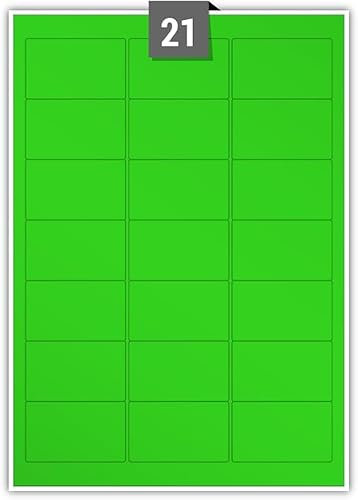Fluorescent Permanent Adhesive Dry Edge Green Paper Labels 21 Rectangle Printable Labels per A4 Plain Sheet – Label Paper Size 63.50 mm x 38.10 mm Ideal for Office, Packaging, Shipping