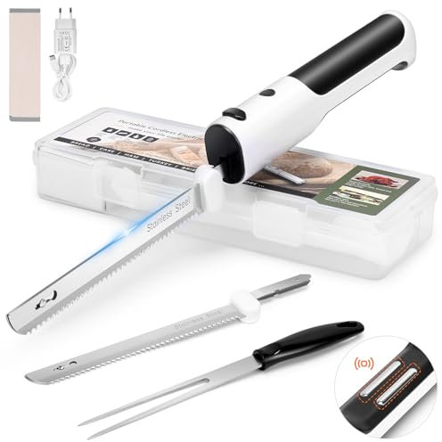 PAHTTO Elektromesser zum Schneiden von Fleisch Brot Gemüse Obst, Kabelloses Brotschneidemesser Dönermesser Küchenmesser mit Edelstahl-Doppelklingen inkl. Box, Gabel und klappbarem Schneidebrett