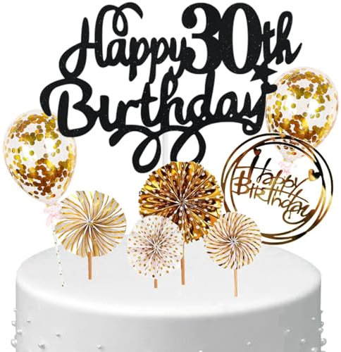 Anlgdi Tortendeko Happy Birthday Deko Kuchen Topper 30. Geburtstag Frau, Cake Topper Happy 30th Birthday Schwarz Gold, Kuchendeko 30 Jahre Torte Kuchen Deko für Geburstagstorte Deko 30. Männer Frauen