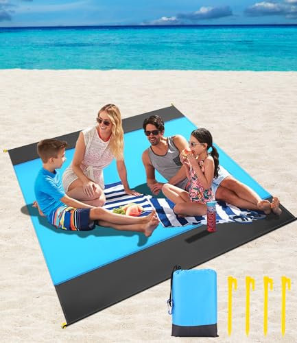 Toaren Sand Campingdecke 210 x 200 cm Stranddecke sandfrei Strandmatte,Super Groß Picknickdecke Wasserdicht mit 4 Befestigung Ecken leicht und tragbar für Reisen,Camping,Wandern,Strandurlaub(Blau Gra