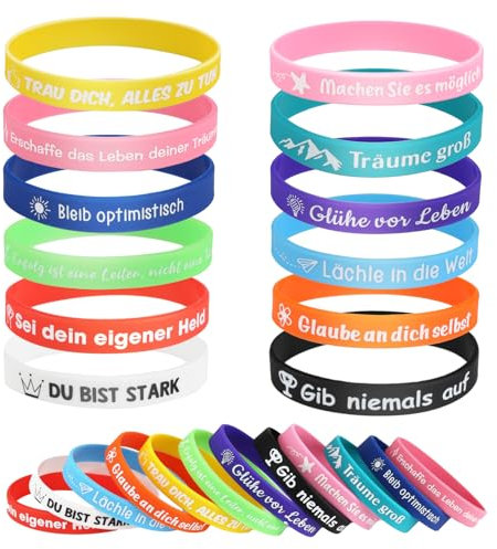 Qichan 24 Stück Motivationsarmbänder Auf Deutsch, 20,2cm Silikonarmband Kinder mit Inspirierenden Sprüchen, Motivierendes Gummiarmbänder, Mutmacher Geschenke Party Mitgebsel für Teenager Kinder