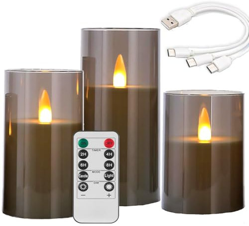 Fanzir Graue wiederaufladbare LED-Kerze mit Fernbedienung Timer, 1800mAh Einzelladung 200 Stunden, Typ C wiederaufladbare LED-Fake-Kerze mit Timer, 10cm 12,5cm 15cm Kerze 3Set