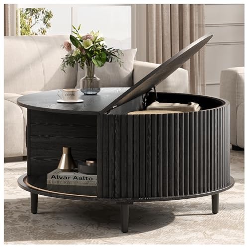 JOINICE 31.5 Round Coffee Table with Storage for Living Room, Black