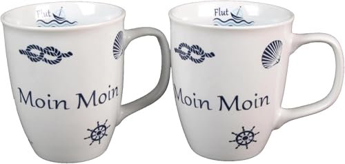Generisch 2er Set große Porzellan Becher - Moin Moin - Ebbe Flut - 425ml maritime Motive Kaffeebecher mit kl. optischen Fehlern (CG)