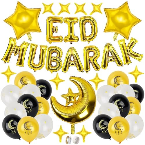 43 Stück Eid Mubarak Dekoration Gold Eid Deko Ramadan Ballons Bayram Deko Luftballons Set Folienballons Latexballons für Zuckerfest Muslim Ramadan Kareem Dekoration