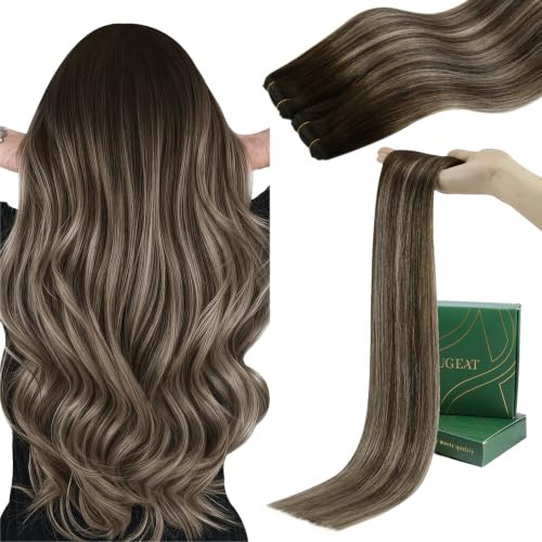 Ugeat Weft Extensions Echthaar Aschblond Balayage Tressen Extensions Echthaar Ombre Bunkelbraun Echt Haar Tressen zum Einnähen Blond Glatt 35 cm 80G 4/18/4