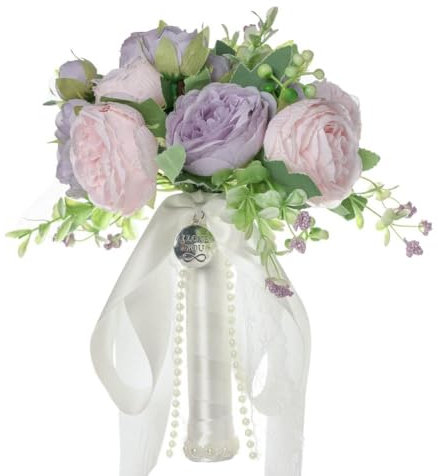 Wisafory Brautstrauß Hochzeitsstrauß Hochzeit Brautstrauss mit Perlen Vintage Brautschmuck Seidenblumen Künstliche Rosenstrauß Bouquet Brautjungfer Schöner Künstlich Blume für Hochzeit Rosa Violett