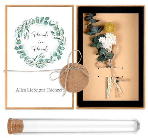 Hestya Hochzeit Geldgeschenke Set Hochzeit Geschenkbox Hochzeitskarte Trockenblumen Grußkarte Reagenzglas Runder Kraftpapier Geschenkanhänger Hanfseil für Brautpaar Geld Hochzeitsgeschenke Verpackung