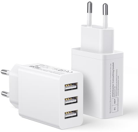 Caricatore USB Multiplo 2Pack, 3 Porte 15W/3A Presa USB Alimentatore Caricabatterie da Muro Spina Spinotto Charger per iPhone 16e/16 Pro Max/15/14/13/12/11/XR/8, Samsung S25/S24/S23/S22, Xiaomi