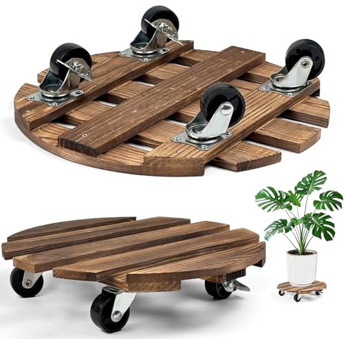 RUHUHUR Lot de 2 paniers à plantes en bois avec roulettes, 30 cm de diamètre, avec roulettes verrouillables en métal, support mobile robuste pour plantes d'intérieur et d'extérieur