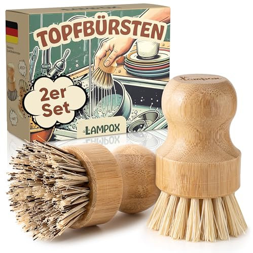 lampox Bambus Handflächenbürste – ideale Scheuerbürste für Geschirr, Töpfe, Pfannen und die Küchenspüle. Perfekt zur gründlichen Reinigung, im praktischen 2er Set.