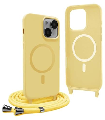 YFSYLL Handykette Hülle für iPhone 13 Mini mit Band,Magnetische Silikon Handyhülle Kompatibel mit MagSafe,Handyhülle für zum Umhängen Einstellbar und Abnehmbar - Gelb