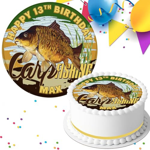 CARP FISHING BIRTHDAY PARTY PERSONALISED PRE-CUT 7.5 INCH EDIBLE ICING CAKE TOPPER DECORATION M-9245
