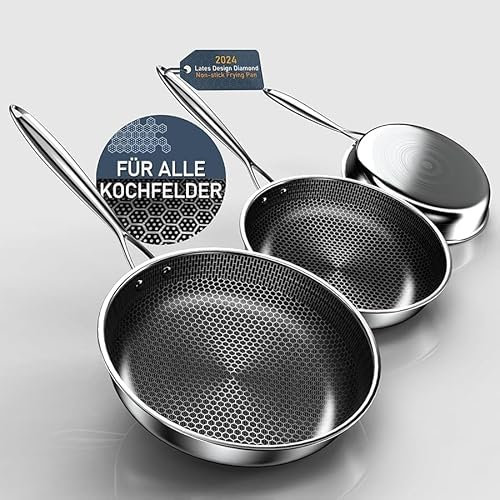 Kiseely Hybrid Bratpfanne Set 26cm+28cm+30cm, Pfannenset Skillet 3-teiliges Set, Beschichtete Pfanne Induktion für alle Kochplatten, mit kühlbleibendem Griff, spülmaschinen- und ofenfest (HI9)