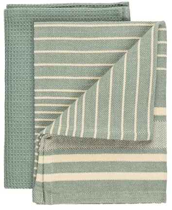WENKO Geschirrtuch Mod. Tito saugstarkes Küchentuch Set aus 100% Baumwolle in Waffeloptik und Streifen-Design für Küche 45,0 x 65,0 cm grün