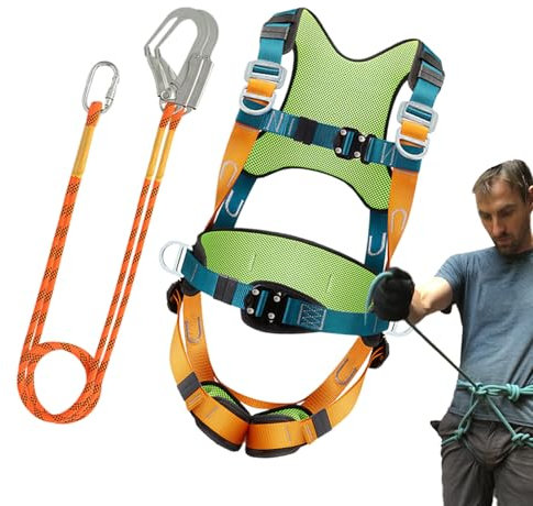 Keyubria Absturzsicherung Sicherheitsgurt, 5-Punkt Vollkörper Auffanggurt Absturzsicherung Fallschutz Set mit Haken und 2M Lang Sicherheitsseil, für Höhenarbeit Baumklettern Dachdecken, Max. 90 kg