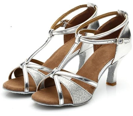 Hixingo Zapatos de Baile Latino Mujer 5cm Tango Zapatos de Salsa y Bachata con Tacón Cómodos Elegante Sandalias para la práctica y el Rendimiento, Fiesta Carnaval (Plateado,39)