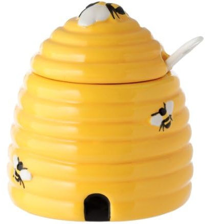 Ceramic Beehive Honey Pot with Serving Spoon, Yellow