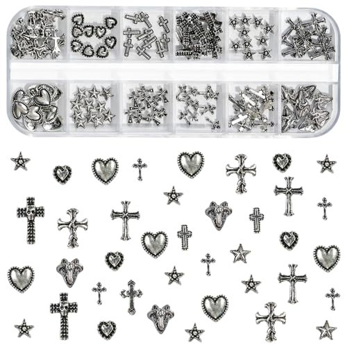 Cross Nail Charms,120 Pcs Retro Silver Cross Star Heart Gothic Nail Art Charms Gems Metal Punk 3D Nail Studs for Women Girls Nail Decorations Accessories DIY Crafts (Silver)