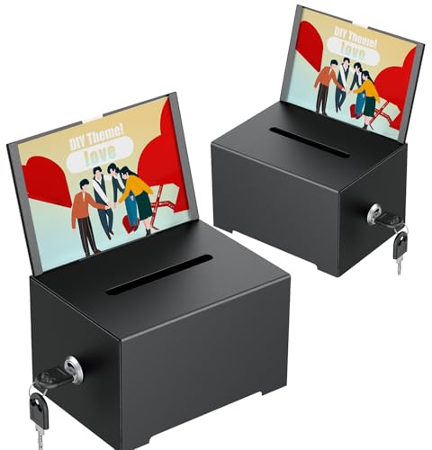 Uniclife 2 Pack Metal Donation Box for Fundraising, Suggestion Box with Slot and Lock, Black Ballot Box with Sign Holder, Storage Container for Voting Charity Tip Collection, 16.3 x 12 x 10 cm