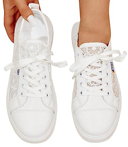 Famzuneu Trachten Sneaker Damen Spitzen Flach Trachtenschuhe Dirndl Schuhe Mesh Atmungsaktive Turnschuhe Elegant Bequem Stoffschuhe Oktoberfest Outdoor Brautschuhe Hochzeitsschuhe
