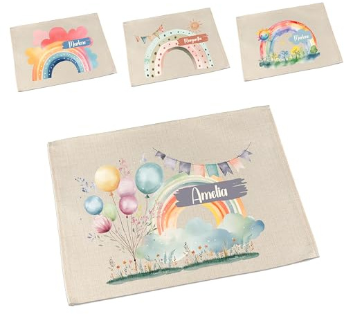 Tischset Kinder personalisiert mit Regenbogen-Motiv | Platzdeckchen mit Namen | Platzset waschbar & abwaschbar | Kinder Tischset rutschfest | Frühstücksdeckchen Schule | Tischunterlage Stoff