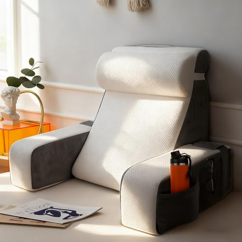 Hoyiyobi Groß Lesekissen mit Abnehmbarer Rückenkissen Bett, Ergonomisches Rückenkissen Rückenlehne Kopfkissen mit Arm & Tasche & waschbarem Bezug für Lesekissen zum Lesen, Fernsehen (Weiß)